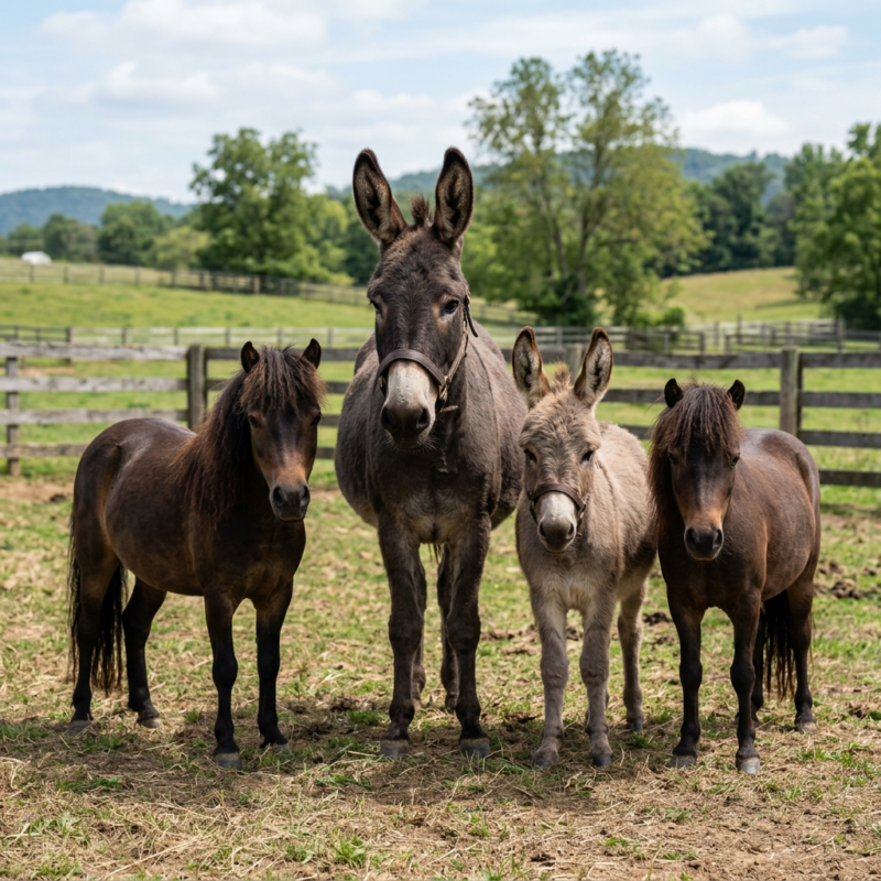 Four donkeys standing together in a fenced green pasture