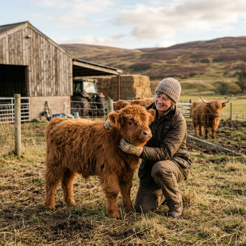 Miniature Highland calf for sale on a farm