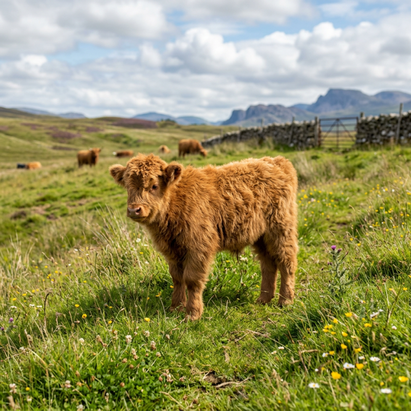 Mini Highland calf grazing on pasture
