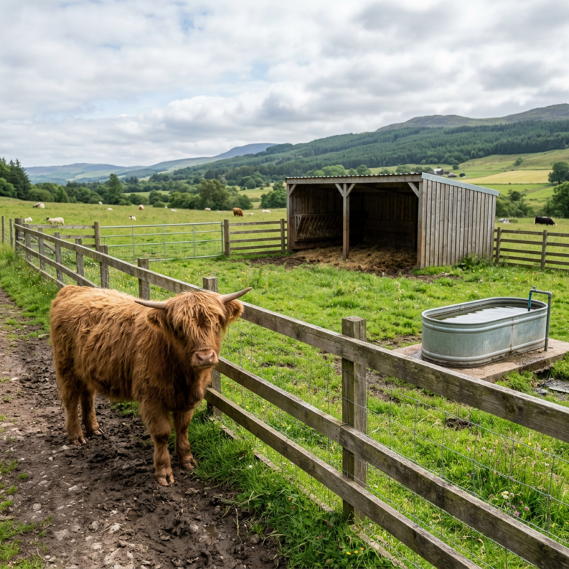 Mini Highland cow pasture fencing shelter and water