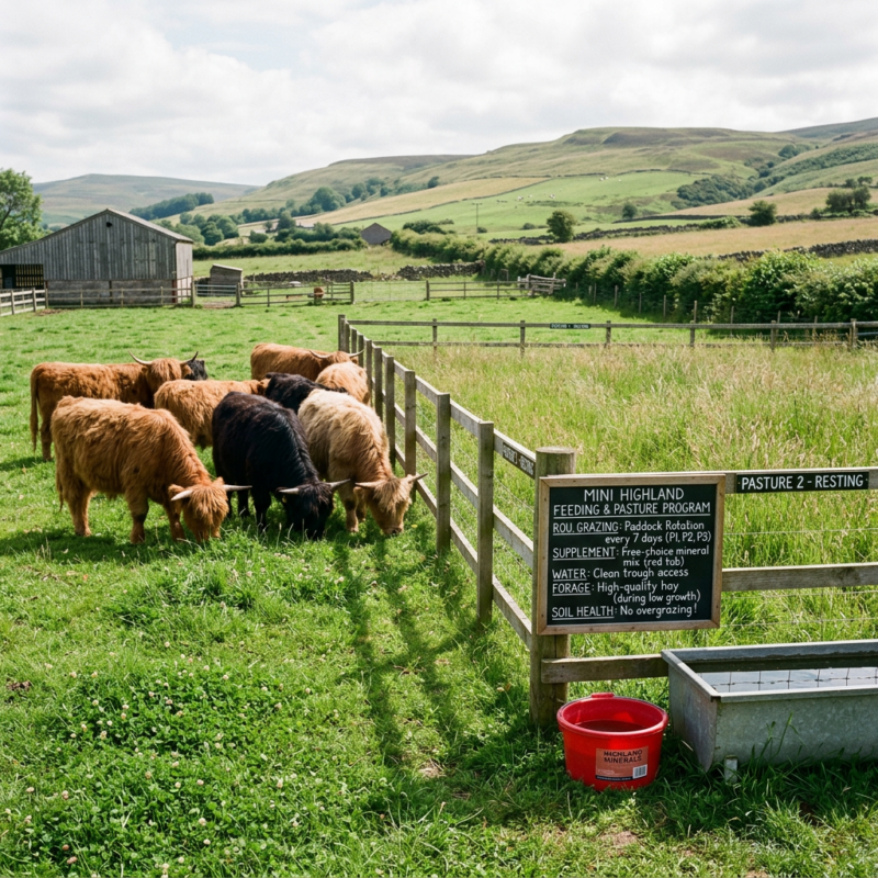 Mini Highland cattle feeding and pasture management