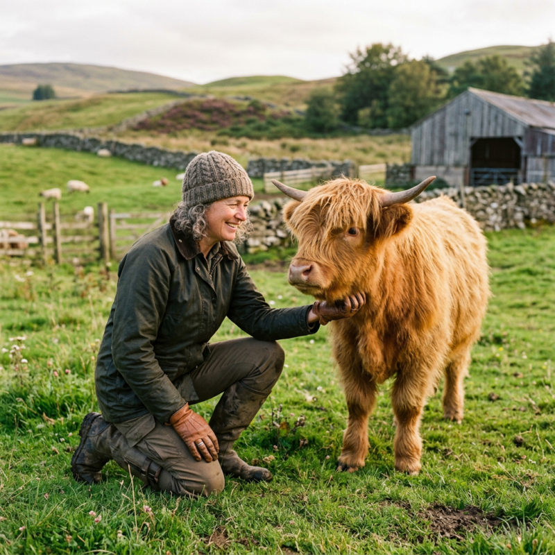 Mini Highland cow on a hobby farm
